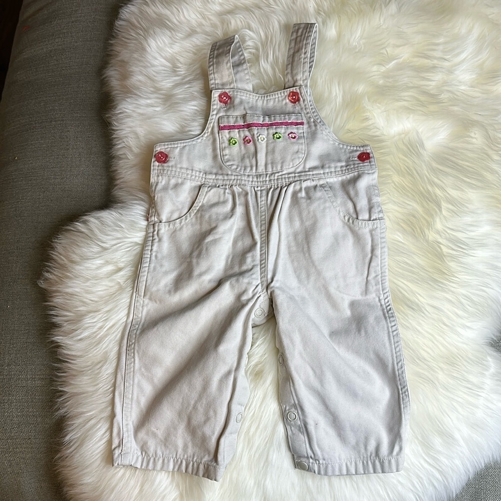 Vintage tan girls overalls with pink flowered pink buttons cargo style pockets